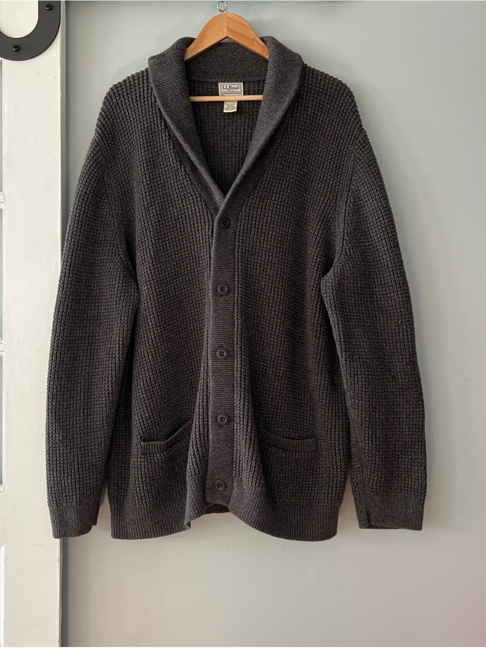 L.L. Bean Organic Cotton Waffle Sweater Cardigan Shawl Collar Brown Navy Men 3XL